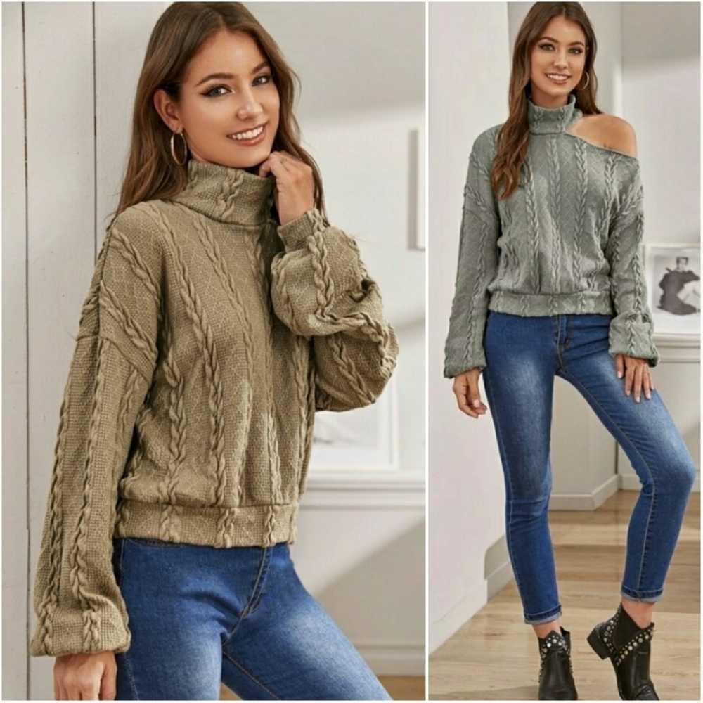 SHEIN // cold shoulder hi neck cable knit sweater